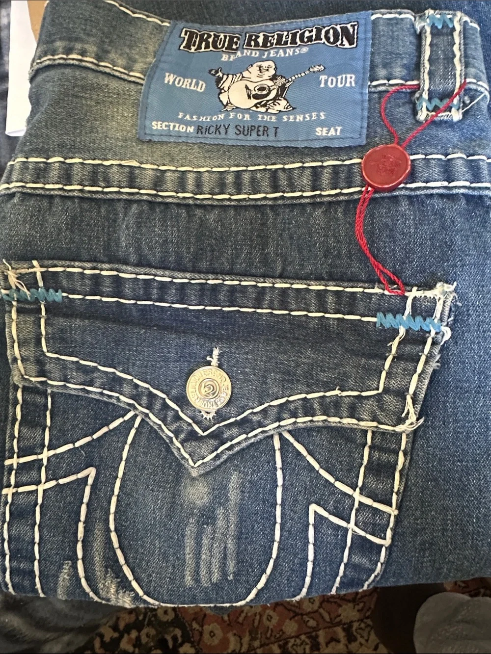 True Religion Ricky Super T Men’s Jeans Blue Patch Thick Stitch Size 40x34